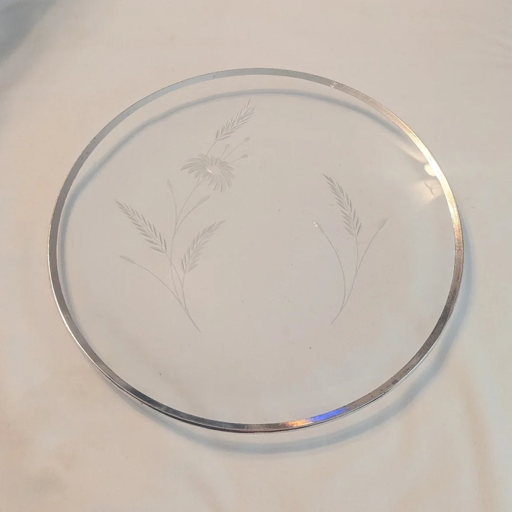 50s Wildflower Etched Glass Round Silver Rimmed Cake Plate Platter 11.75